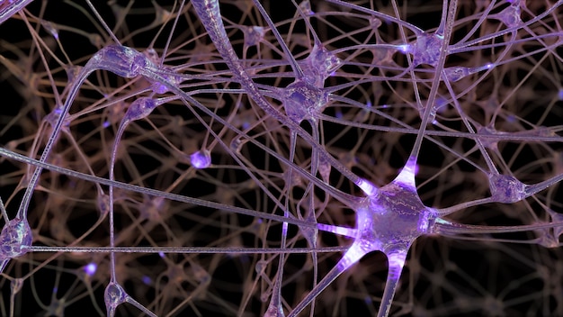 Renderowanie 3d Sieci Komórek Neuronowych I Synaps, Przez Które Przechodzą Impulsy Elektryczne I Wyładowania Podczas Przesyłania Informacji W Ludzkim Mózgu