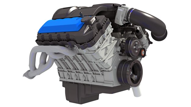 Renderowanie 3D silnika samochodowego V8 na białym tle