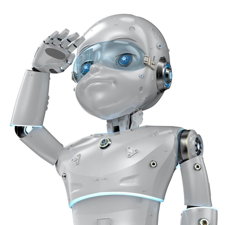 Zdjęcie renderowanie 3d słodki robot lub sztuczna inteligencja robot z postacią z kreskówek rozejrzyj się dookoła