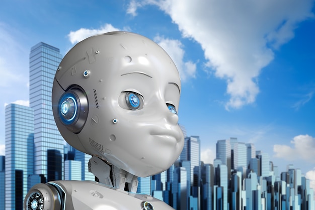 Renderowanie 3d słodkiego robota lub robota ze sztuczną inteligencją z postacią z kreskówek w mieście
