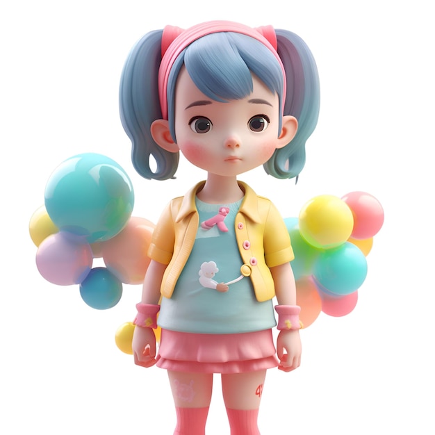 Renderowanie 3D słodkiej dziewczyny z kolorowymi balonami