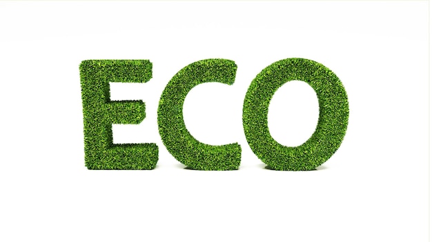 Zdjęcie renderowanie 3d słowo eco wykonane z zielonej trawy ratuje koncepcję ziemi
