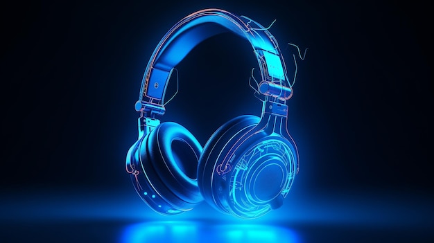 Renderowanie 3D słuchawek w niebieskim świetle neonu na ciemnym tle