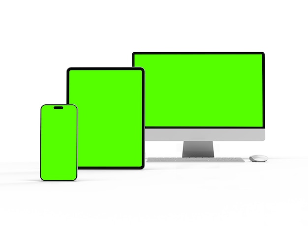 Zdjęcie renderowanie 3d smartfonu, tabletu i pulpitu z zielonymi ekranami na jasnym tle