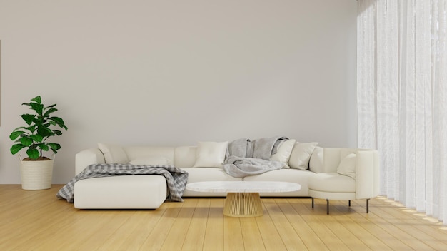 Renderowanie 3D Sofa z białej tkaniny Kształt litery L w minimalistycznym stylu Living r