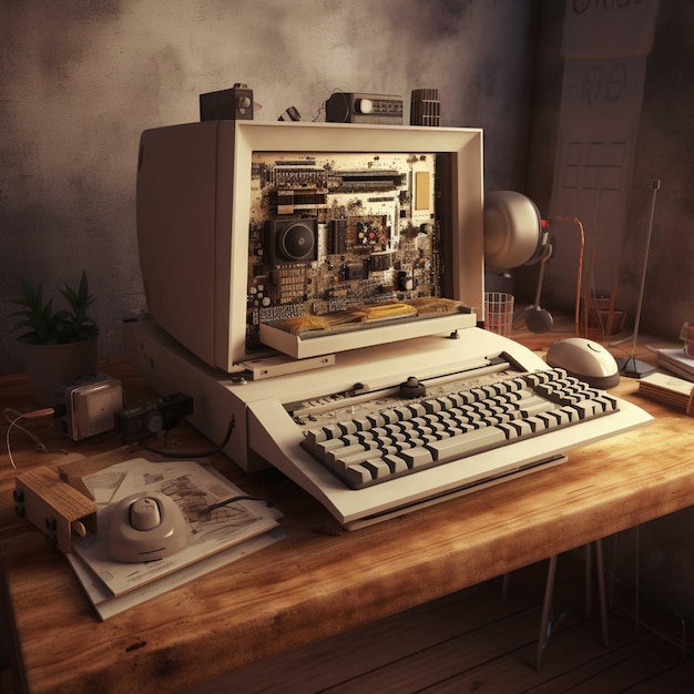 Renderowanie 3D starej maszyny do pisania na biurku w pokoju