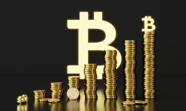 Renderowanie 3d Stos Monet Bitcoin Handel Monetami Cyfrowymi Platforma Blockchain Cyfrowej Kryptowaluty