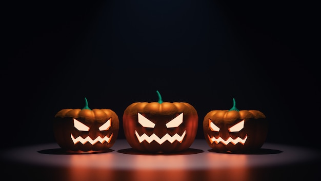Renderowanie 3D strasznych głów dyni Halloween w nocy ze świecącym pomarańczowym światłem i odbiciem