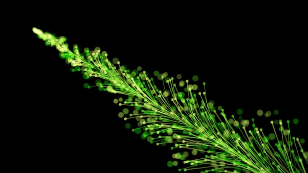 Renderowanie 3D stylowej jasnej gałęzi rosnącej elegancko na czarnym tle z cząsteczkami. Magiczna bajeczna roślinność. Idealne tło i element każdego projektu