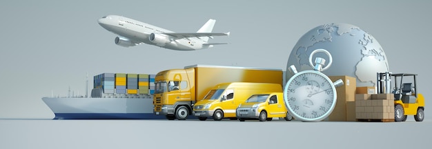 Zdjęcie renderowanie 3d świata, paczek oraz lotniczych, lądowych i morskich środków transportu z chronometrem