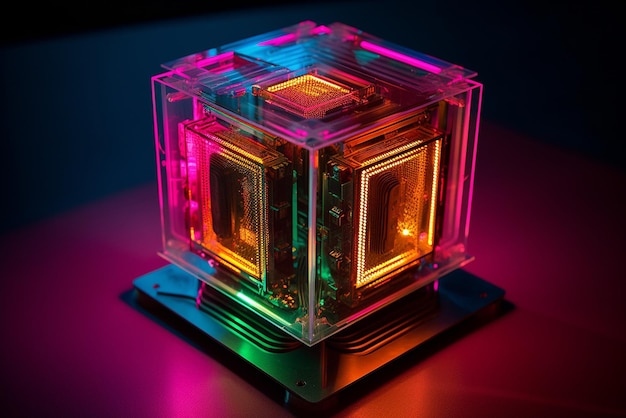 Renderowanie 3D świecącego, wielokolorowego procesora komputerowego na czarnym tle