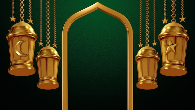 Renderowanie 3D Szablon Projekt Ramadan Kareem Lampiony lampy złoty kolor religia Islamska
