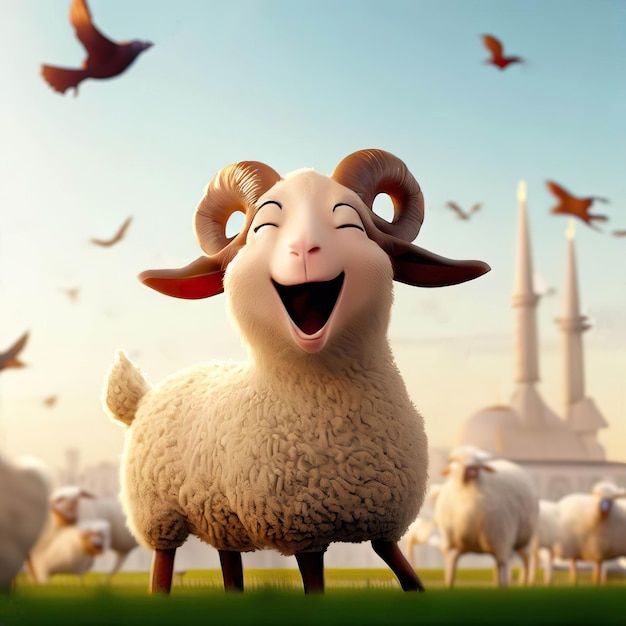 Renderowanie 3D szczęśliwej owcy świętującej święto Eid Al Adha