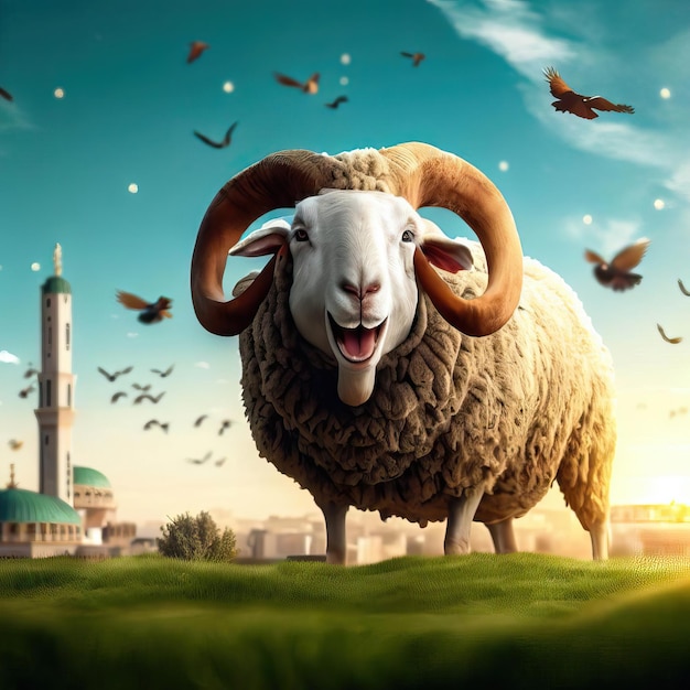 Renderowanie 3D szczęśliwej owcy świętującej święto Eid Al Adha