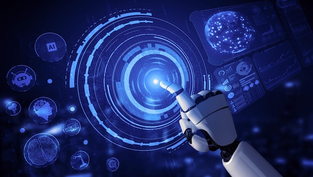 Renderowanie 3D sztuczna inteligencja Badania AI nad rozwojem robotów i cyborgów dla przyszłości ludzi żyjących Cyfrowa eksploracja danych i projektowanie technologii uczenia maszynowego dla mózgu komputera