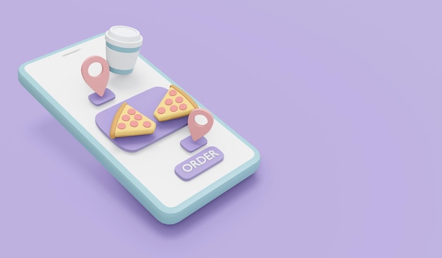 Renderowanie 3D telefonu z przyciskiem jedzenia i zamówienia na tle dla komercyjnej koncepcji dostawy żywności online 3D Render ilustracja stylu cartoon