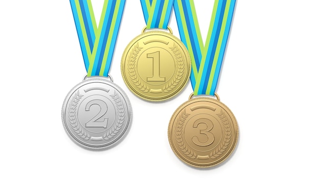 Renderowanie 3D trzech medali z nagrodami na białym tle