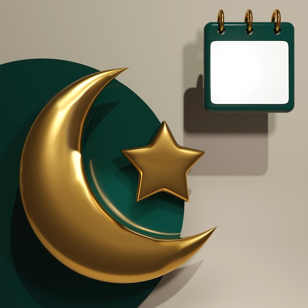 Zdjęcie renderowanie 3d turecki złoty półksiężyc z podkładką kalendarza gwiazdy kwadratowy post w mediach społecznościowych w stylu arabskim