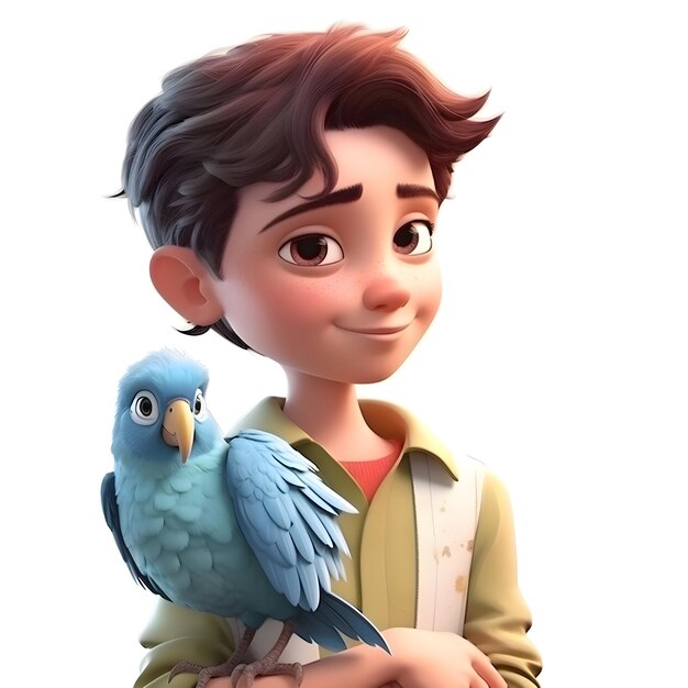 Renderowanie 3D uroczego nastolatka z niebieską papugą