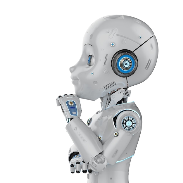 Renderowanie 3d uroczego robota lub robota ze sztuczną inteligencją z myśleniem lub analizą postaci z kreskówek