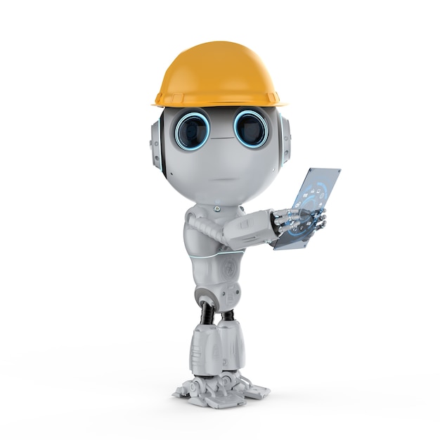 Renderowanie 3d uroczego robota ze sztuczną inteligencją z cyfrowym tabletem