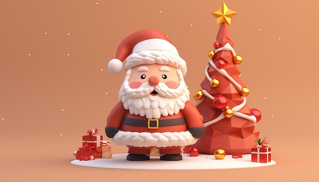 renderowanie 3D uroczego Świętego Mikołaja i choinki