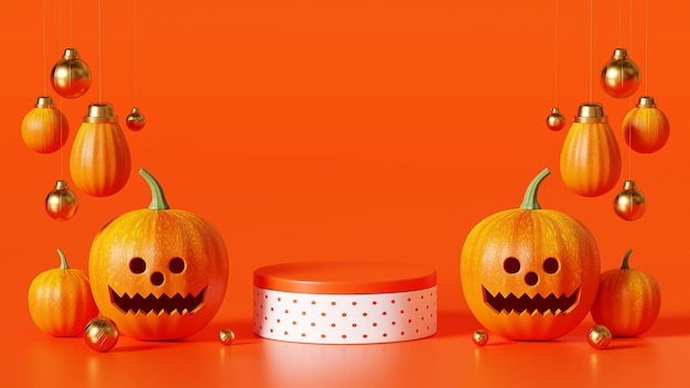 Renderowanie 3D Wesołego Halloween, Podium Dynia, wiszące i dekoracyjne kulki na pomarańczowym tle