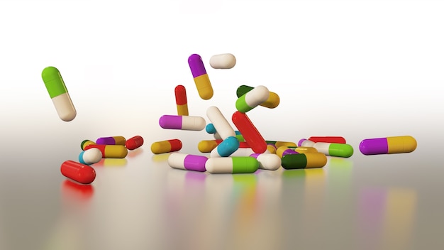 Renderowanie 3D wielokolorowych tabletek medycznych spadających z góry na dół