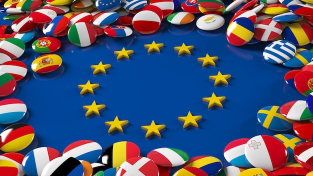 Zdjęcie renderowanie 3d wielu flag unii europejskiej błyszczące przyciski otaczające logo unii europejskiej