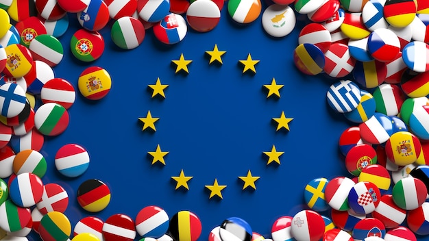 Renderowanie 3D wielu flag unii europejskiej błyszczące przyciski otaczające logo unii europejskiej