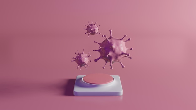 Zdjęcie renderowanie 3d wirusa różowej korony na kwadratowym cokole na różowym tle, abstrakcyjna minimalna koncepcja form epidemii 2019-ncov, takich jak sars i mers, może być śmiertelna, luksusowy minimalistyczny