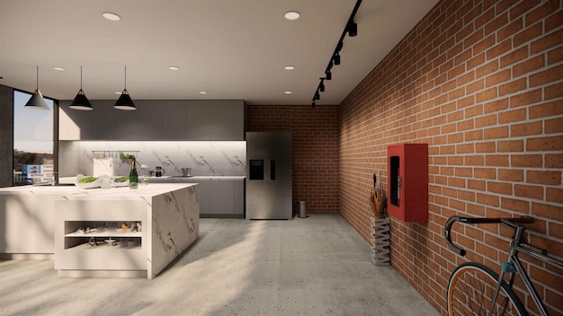 Renderowanie 3d Wnętrze domu nowoczesna otwarta przestrzeń mieszkalna z kuchnią Styl loftowy Dwupoziomowa rezydencja z apartamentami Dekoracja domu luksusowy wystrój wnętrz