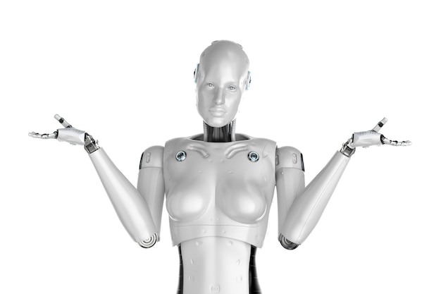 Renderowanie 3d żeński cyborg lub robot otwiera dwie ręce do wyboru na białym tle