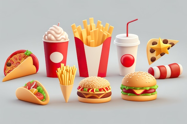 Zdjęcie renderowanie 3d zestaw fast food hamburger frytki ziemniaki pizza napój bezalkoholowy generative ai