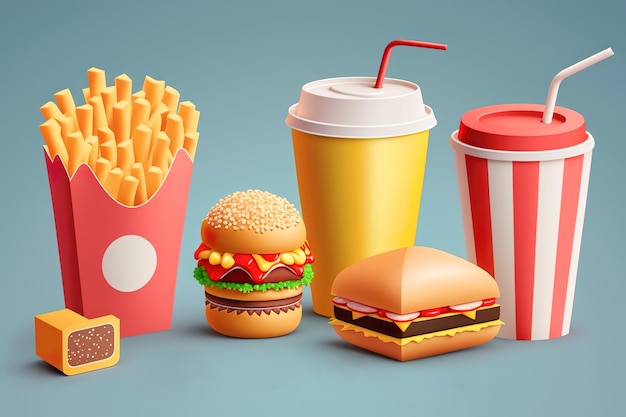 Renderowanie 3D Zestaw fast food hamburger frytki ziemniaki pizza napój bezalkoholowy Generative Ai