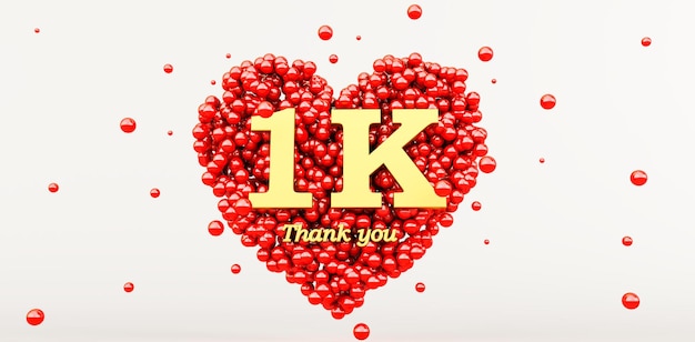 Zdjęcie renderowanie 3d złotego 1000 wyznawców dziękuję na białym tle 1k czerwone serce i czerwone balony piłka