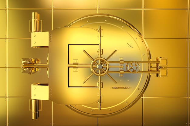 Zdjęcie renderowanie 3d złotego skarbca bankowego na złotej ścianie