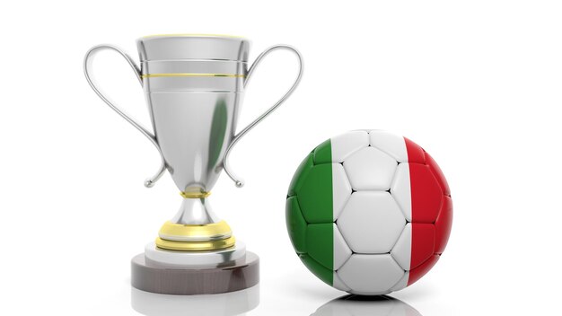 Renderowanie 3D złotego srebrnego trofeum i piłki nożnej