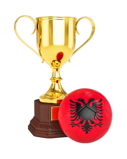 Renderowanie 3D złotego trofeum i piłki nożnej z flagą Albanii na białym tle