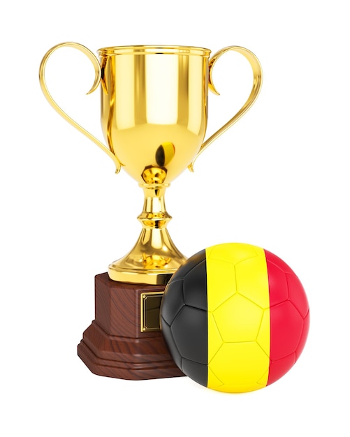 Renderowanie 3D złotego trofeum i piłki nożnej z flagą Belgii na białym tle