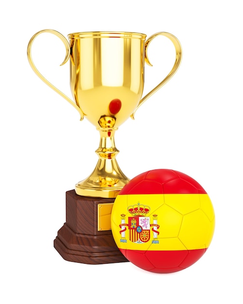 Zdjęcie renderowanie 3d złotego trofeum i piłki nożnej z flagą hiszpanii na białym tle
