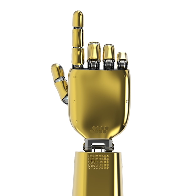 Renderowanie 3d złotej robotycznej dłoni lub palca dłoni cyborga na białym tle