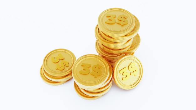 Renderowanie 3D złotych monet stosu samodzielnie na białym tle trzy monety dolara