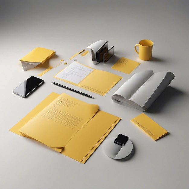 Renderowanie 3D żółtego folderu, dokument i plik papierowy, projekt zarządzania pracą, dane online