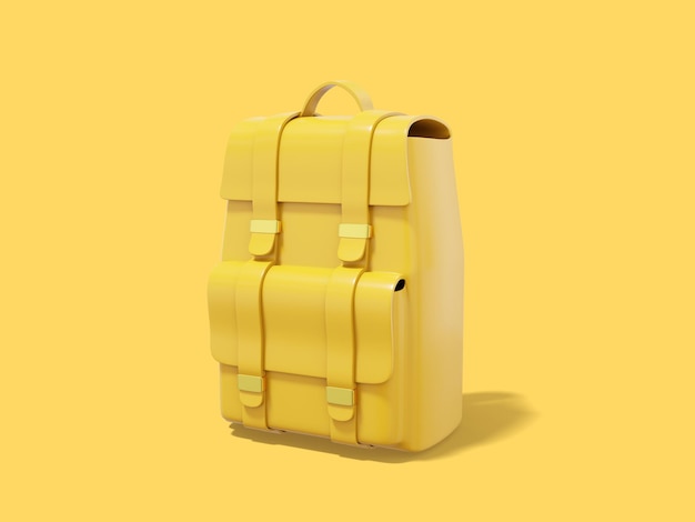 Renderowanie 3d Żółty turystyczny plecak miejski na żółtym tle Bagaż podróżny