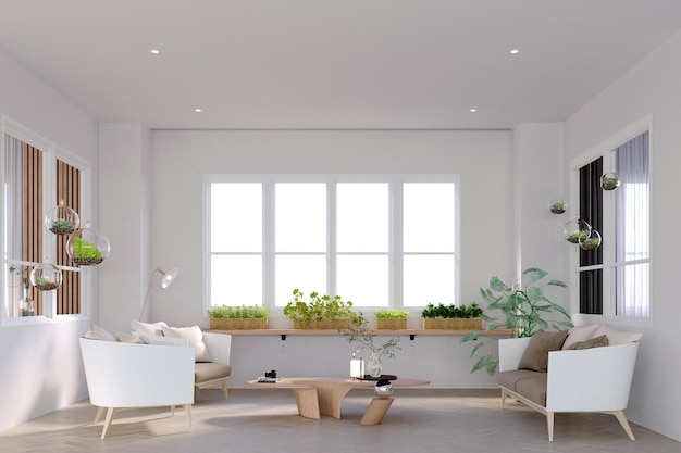 Renderowanie 3dIlustracja 3d Scena wewnętrzna i makietaNaturalny narożnik zestaw sof i fotel pochylana ściana ręcznie robiony biały naturalny kolor drewniany stół środkowy