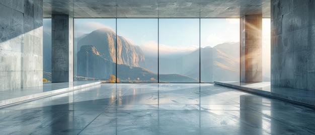 Renderowanie nowoczesnej architektury z betonową podłogą i prezentacją samochodu w 3D