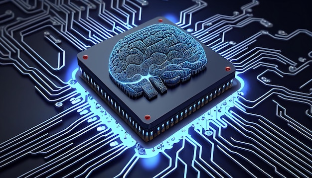 Zdjęcie renderowanie pomysłu na sprzęt sztucznej inteligencji na płycie głównej komputera znajduje się migający obwód mózgu na białym mikroczipie do masowego przetwarzania danych handel ai generacyjna sztuczna inteligencja
