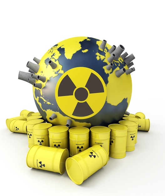Renderowanie XAxA3D Ziemi z elektrowniami jądrowymi otoczonymi beczkami odpadów jądrowychxA