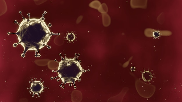 Renderuj 3D z COVID-19. koncepcyjny pandemicznego wirusa epidemicznego do badań nad szczepionkami medycznymi. mikroskopowe powiększenie wirusa zielonej korony, 2019-ncov